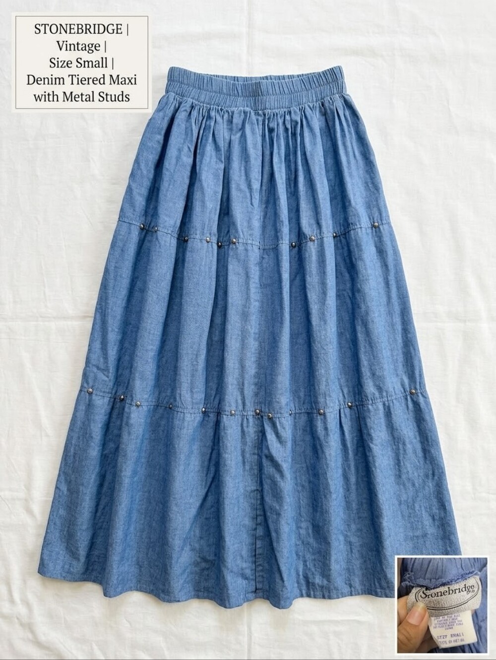 VTG Stonebridge 100% Rayon Chambray Tiered Maxi Skirt Concho Studded Southwester